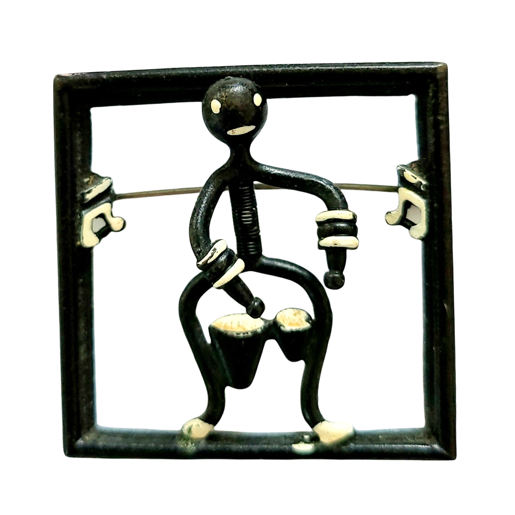 Black Enameled Bongo Drummer Trembler Brooch