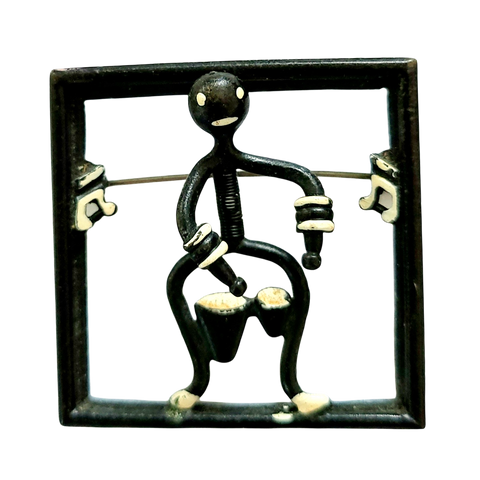 Black Enameled Bongo Drummer Trembler Brooch
