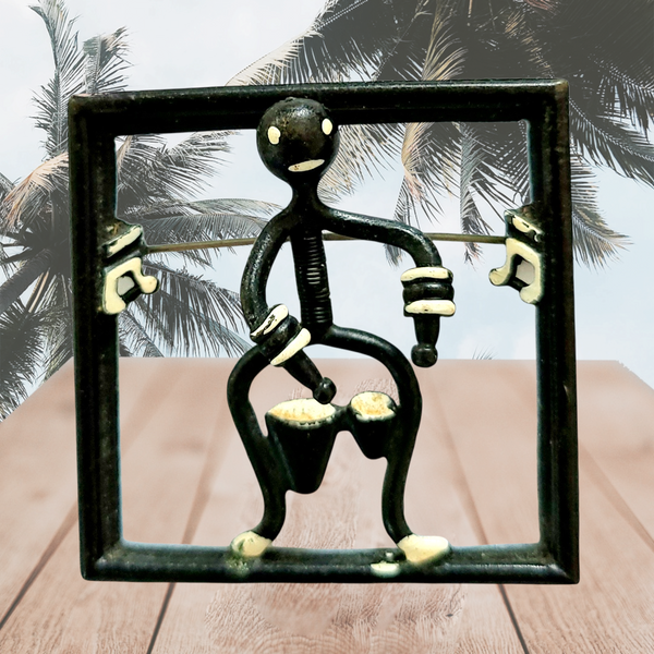 Black Enameled Bongo Drummer Trembler Brooch
