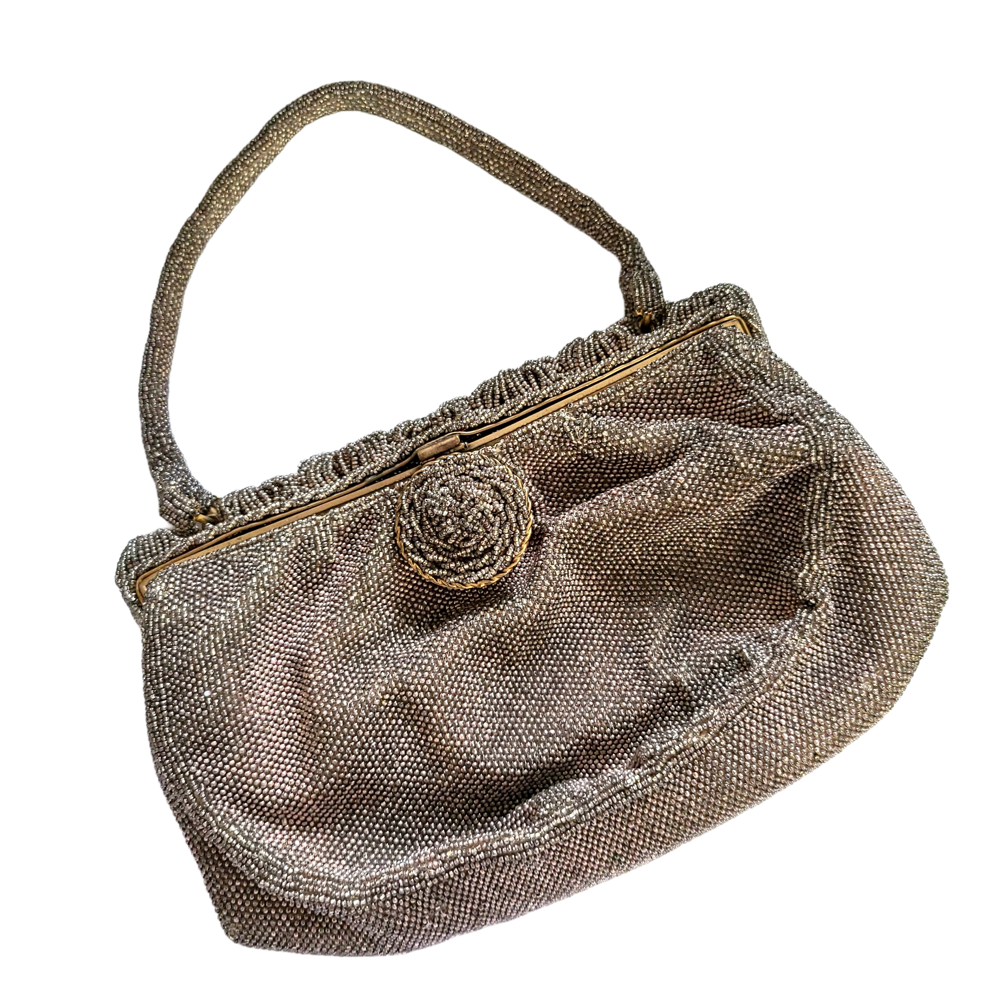 1940s Elaborately Beaded French Evening Bag in Deep Beige