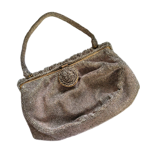 1940s Elaborately Beaded French Evening Bag in Deep Beige