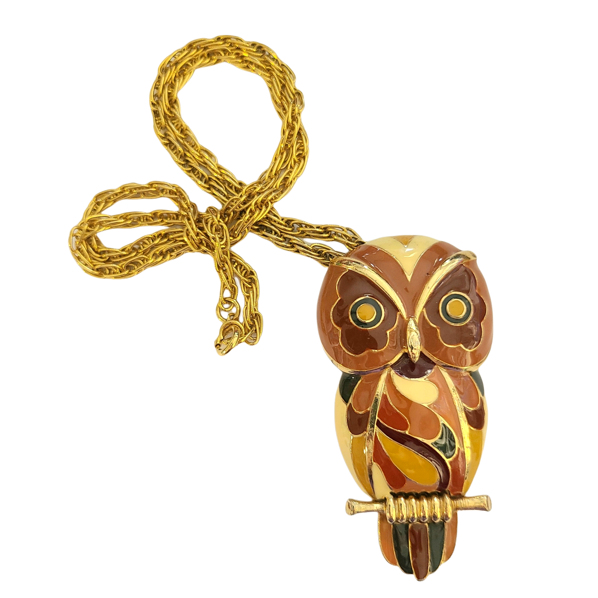 1970s Eisenberg Enameled Owl Pendant in Autumn Tones - Artist Series