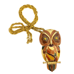 1970s Eisenberg Enameled Owl Pendant in Autumn Tones - Artist Series