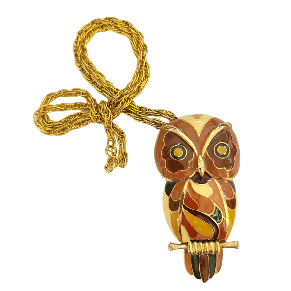 1970s Eisenberg Enameled Owl Pendant in Autumn Tones - Artist Series