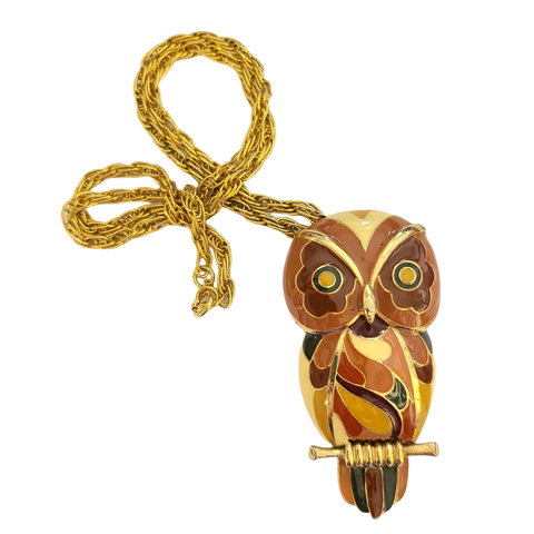 1970s Eisenberg Enameled Owl Pendant in Autumn Tones - Artist Series