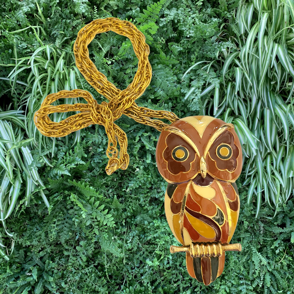 1970s Eisenberg Enameled Owl Pendant in Autumn Tones - Artist Series