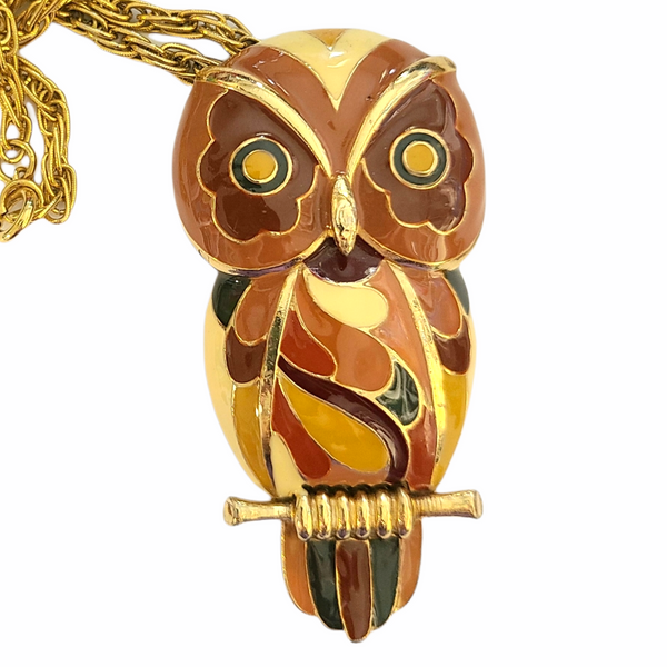 1970s Eisenberg Enameled Owl Pendant in Autumn Tones - Artist Series