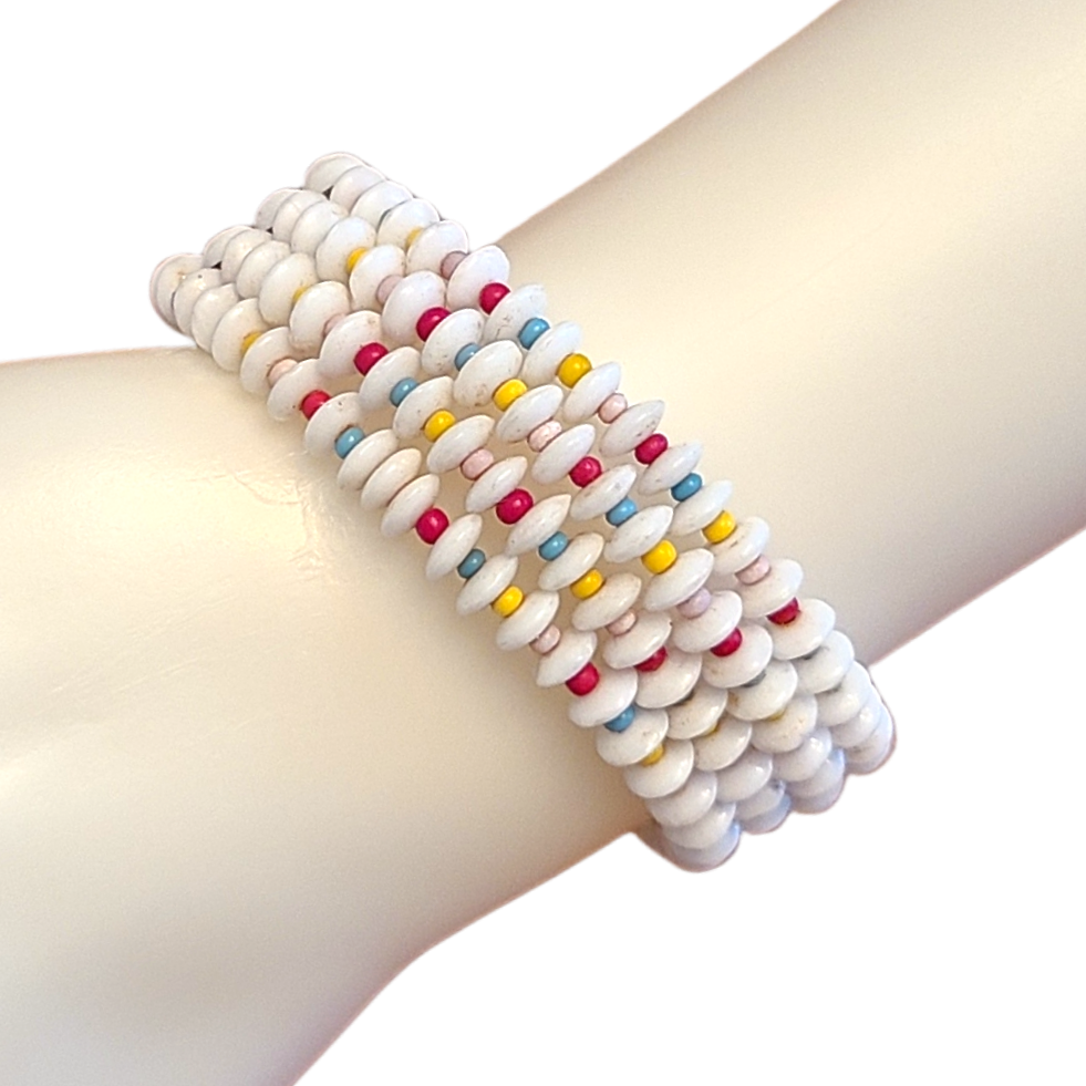Vintage Glass Bead Memory Wire Bracelet - White, Red, Green, Yellow