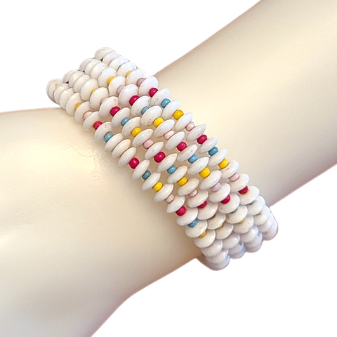 Vintage Glass Bead Memory Wire Bracelet - White, Red, Green, Yellow