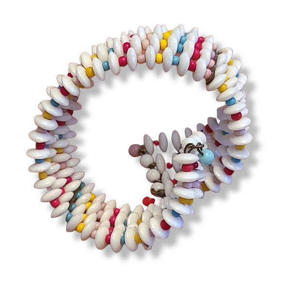 Vintage Glass Bead Memory Wire Bracelet - White, Red, Green, Yellow