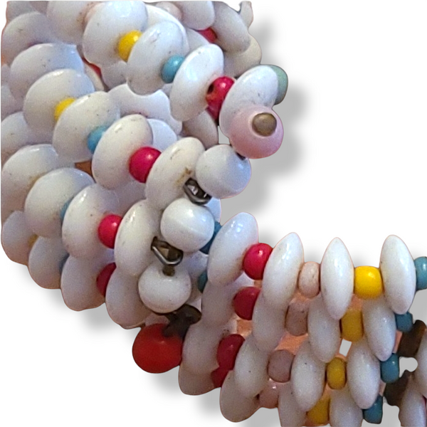Vintage Glass Bead Memory Wire Bracelet - White, Red, Green, Yellow