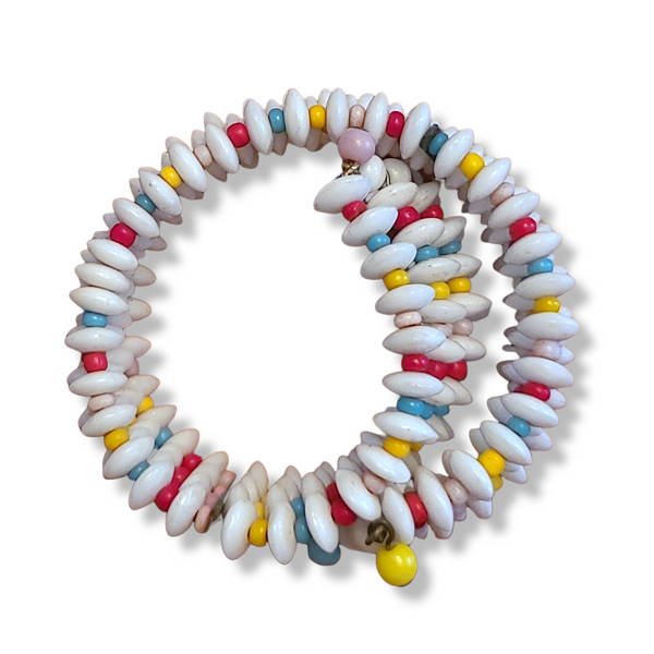 Vintage Glass Bead Memory Wire Bracelet - White, Red, Green, Yellow