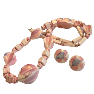 Vintage Ceramic Chunky Beaded Necklace with Earrings - Pink and Earth Tones