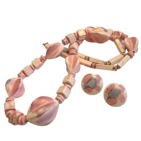 Vintage Ceramic Chunky Beaded Necklace with Earrings - Pink and Earth Tones