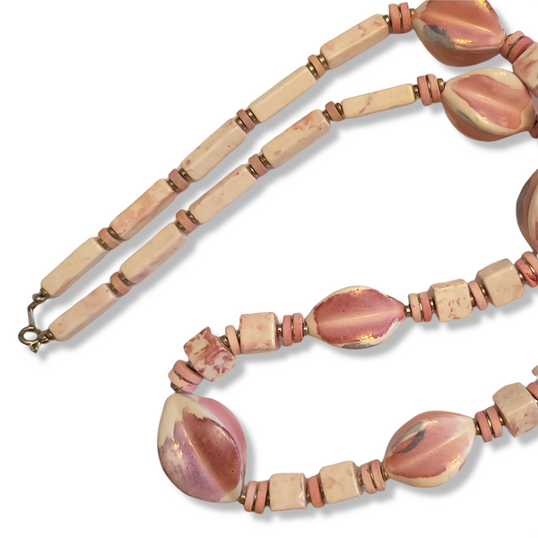 Vintage Ceramic Chunky Beaded Necklace with Earrings - Pink and Earth Tones