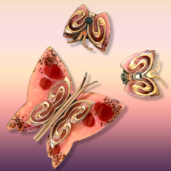 Matisse Enameled Copper Butterfly Brooch and Earrings Set