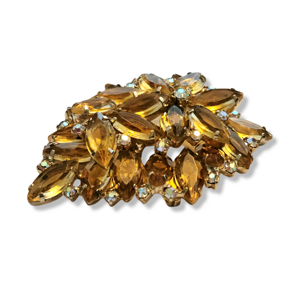 Vintage Pale Yellow Rhinestone Floral Brooch with Glittery Rhinestone Accents
