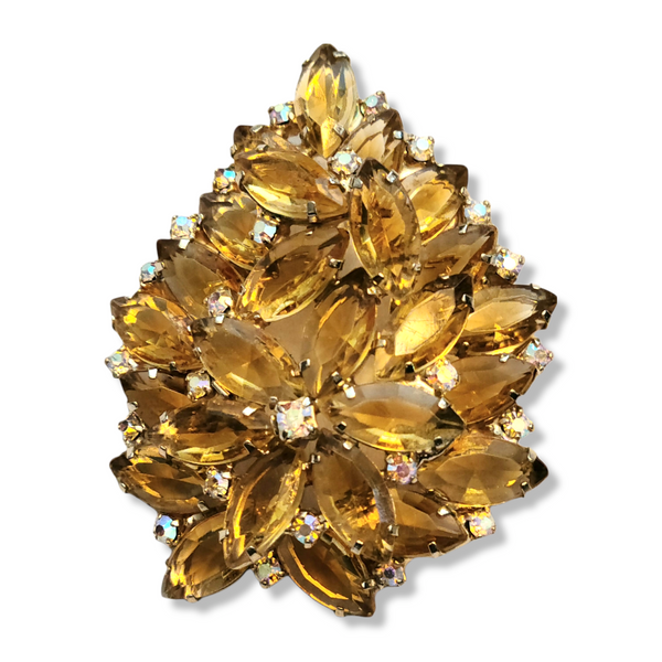 Vintage Pale Yellow Rhinestone Floral Brooch with Glittery Rhinestone Accents
