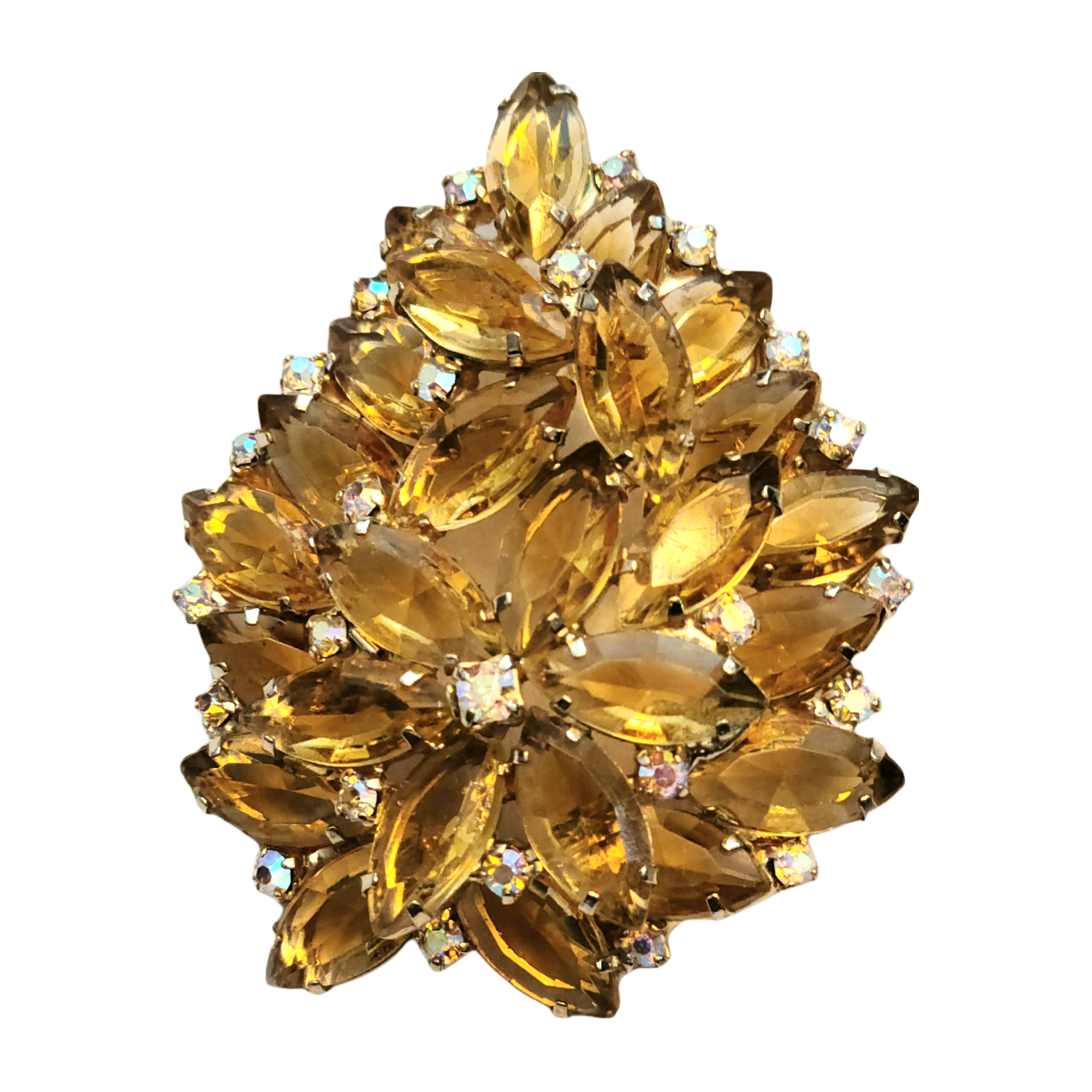 Vintage Pale Yellow Rhinestone Floral Brooch with Glittery Rhinestone Accents