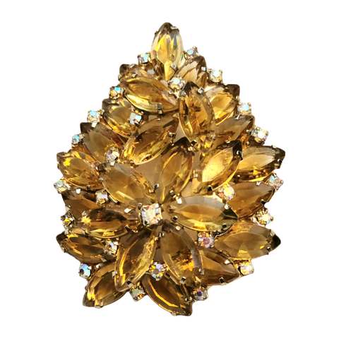 Vintage Pale Yellow Rhinestone Floral Brooch with Glittery Rhinestone Accents