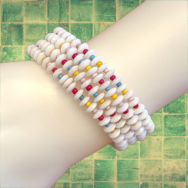Vintage Glass Bead Memory Wire Bracelet - White, Red, Green, Yellow