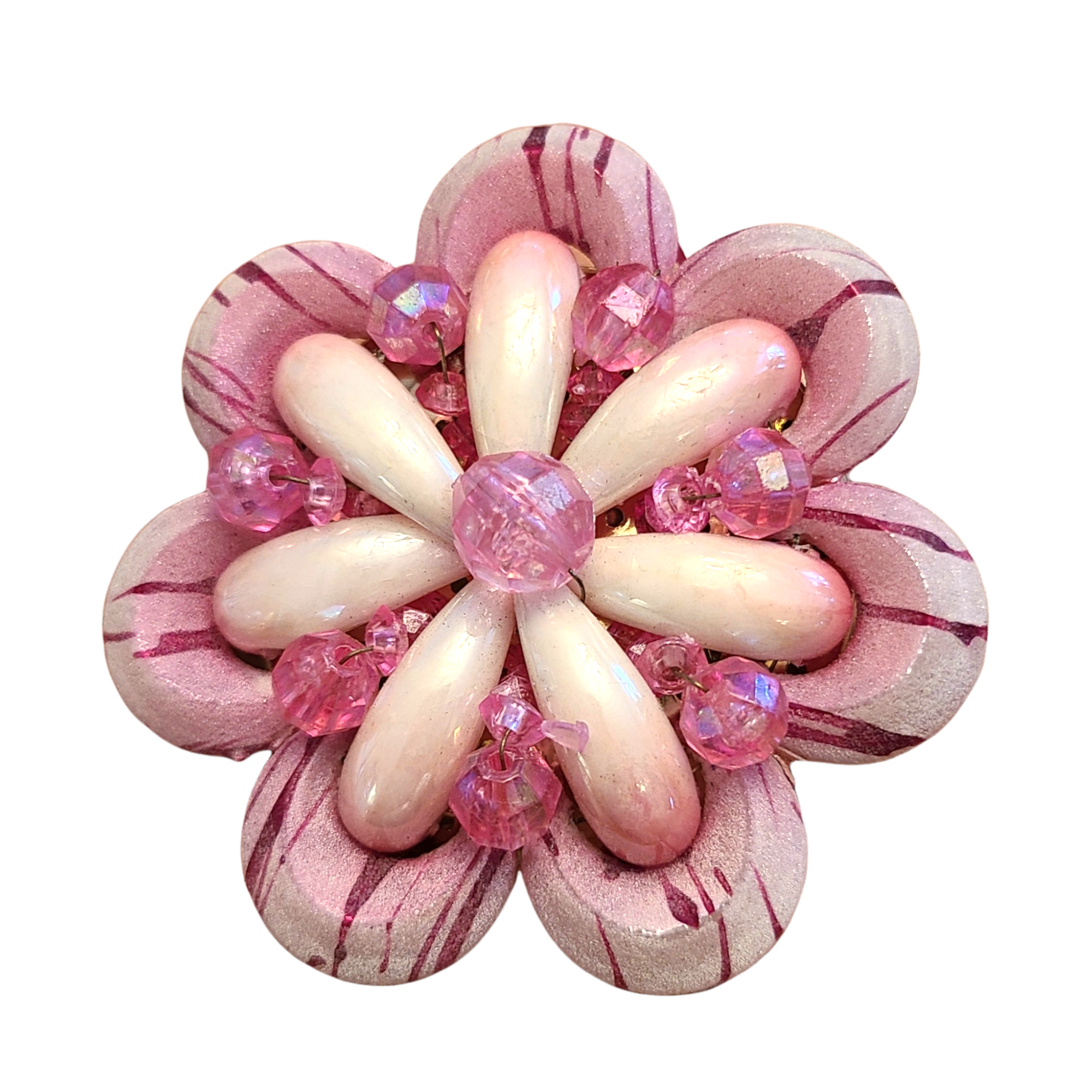 1960s Large Pink Beaded Flower Pin with 'Sugar' Coating - Hong Kong