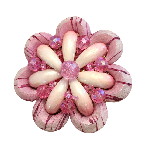 1960s Large Pink Beaded Flower Pin with 'Sugar' Coating - Hong Kong
