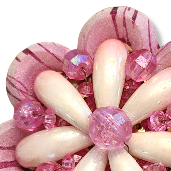1960s Large Pink Beaded Flower Pin with 'Sugar' Coating - Hong Kong