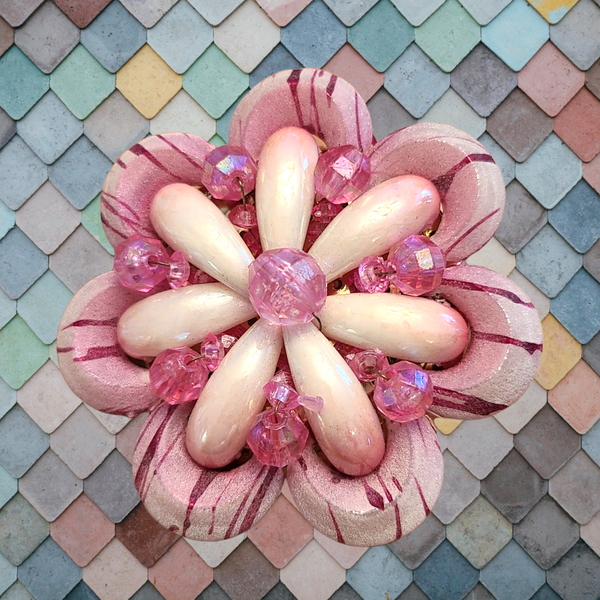 1960s Large Pink Beaded Flower Pin with 'Sugar' Coating - Hong Kong