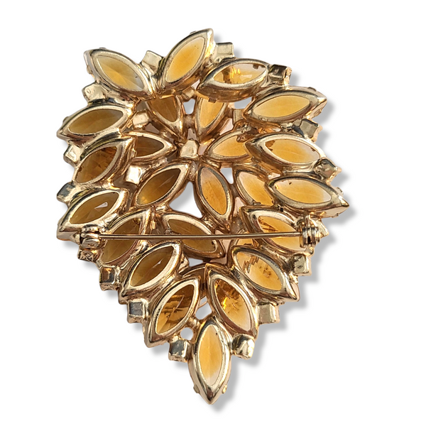 Vintage Pale Yellow Rhinestone Floral Brooch with Glittery Rhinestone Accents