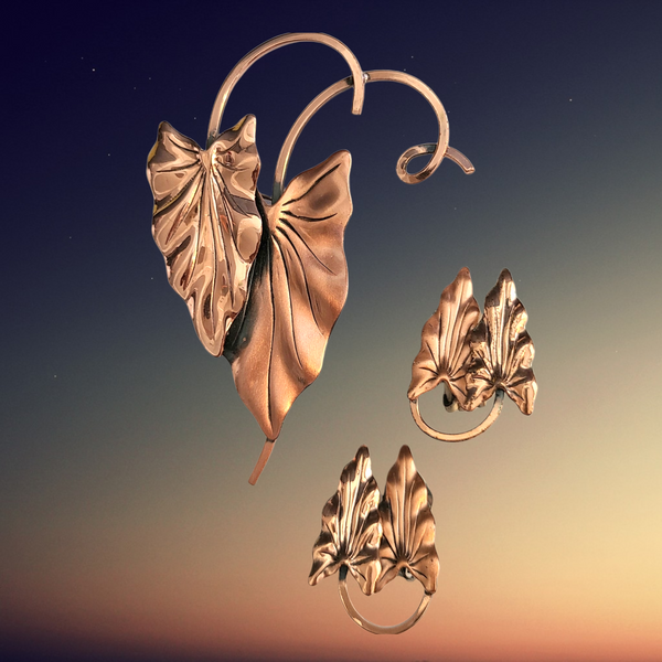 Renoir 'Hawaii' Copper Arrowhead Leaf Brooch and Earring Set