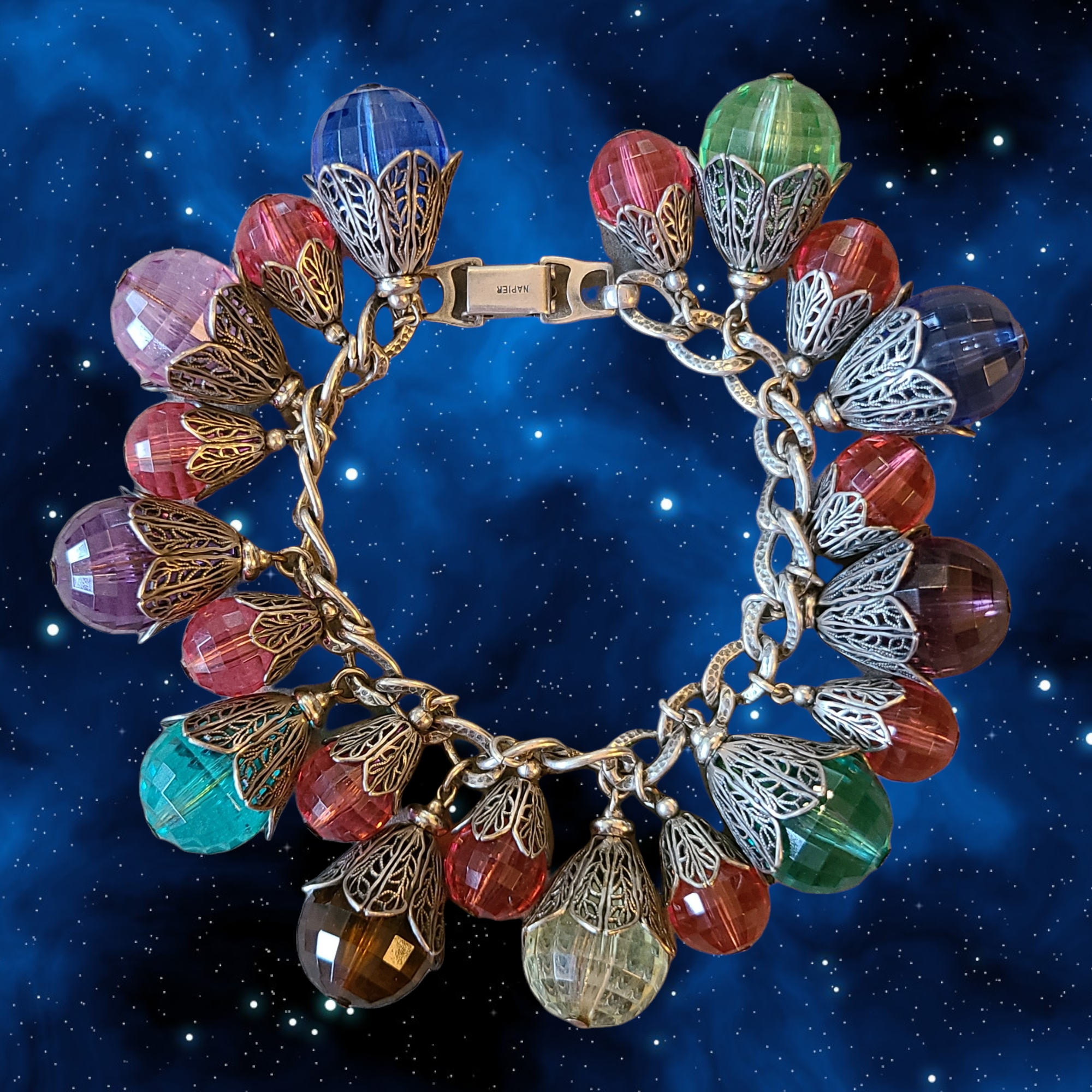 1950s Napier Filigree and Plastic Faceted Beads Bracelet - East Indian