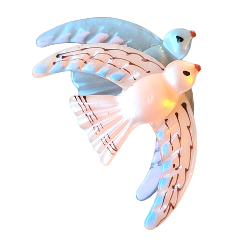 1940s Pink and Blue Lucite Flying Birds Pin