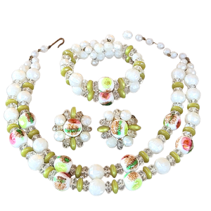 Double-Strand Art Glass Bead Necklace with Matching Bracelet and Earrings
