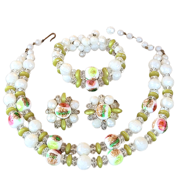 Double-Strand Art Glass Bead Necklace with Matching Bracelet and Earrings