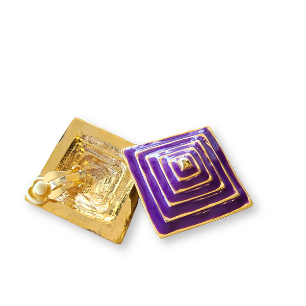 1980s Pyramid-Shaped Purple and Goldtone Clip Earrings