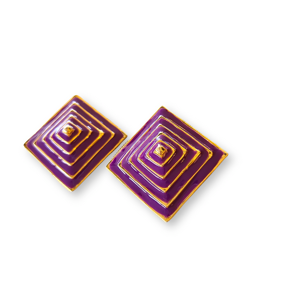 1980s Pyramid-Shaped Purple and Goldtone Clip Earrings