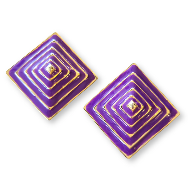 1980s Pyramid-Shaped Purple and Goldtone Clip Earrings