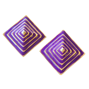 1980s Pyramid-Shaped Purple and Goldtone Clip Earrings