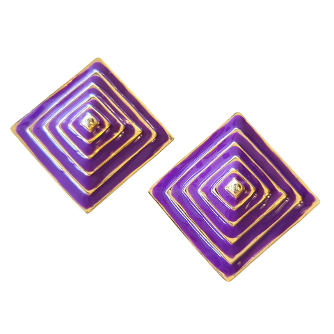 1980s Pyramid-Shaped Purple and Goldtone Clip Earrings
