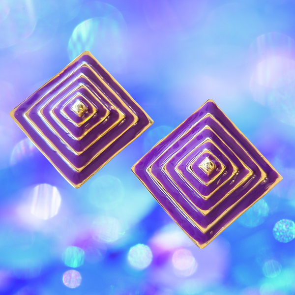 1980s Pyramid-Shaped Purple and Goldtone Clip Earrings