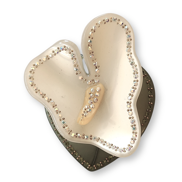 Moonglow Plastic White Anthurium Flower Brooch with Rhinestone Accents