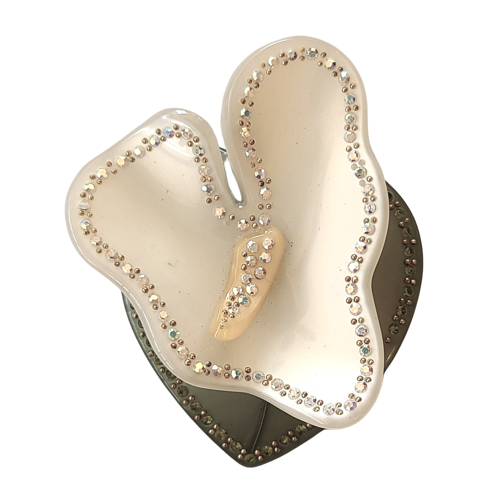 Moonglow Plastic White Anthurium Flower Brooch with Rhinestone Accents