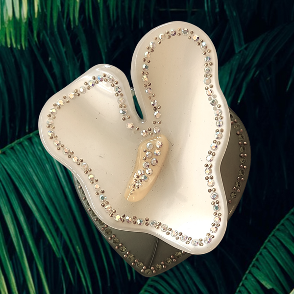 Moonglow Plastic White Anthurium Flower Brooch with Rhinestone Accents