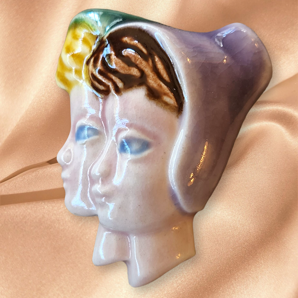 1940s Two Women in Bonnets Ceramic Brooch