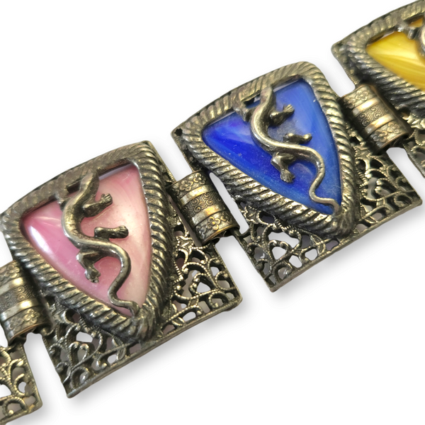 Vintage Lizard and Shield Silvertone Link Bracelet