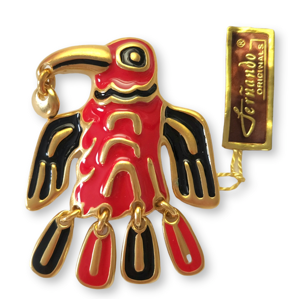 Stylized Red and Black Bird Vintage Brooch by Fernando Originals