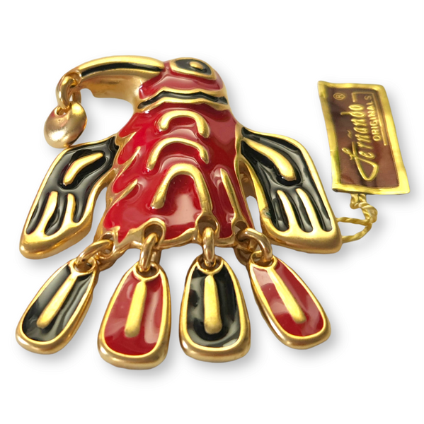 Stylized Red and Black Bird Vintage Brooch by Fernando Originals