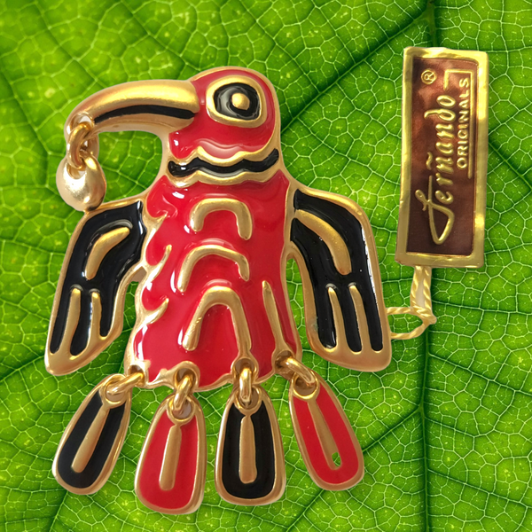 Stylized Red and Black Bird Vintage Brooch by Fernando Originals