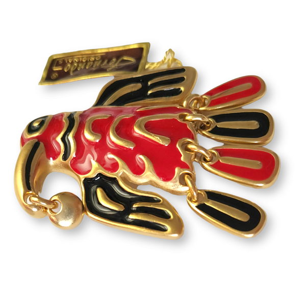Stylized Red and Black Bird Vintage Brooch by Fernando Originals